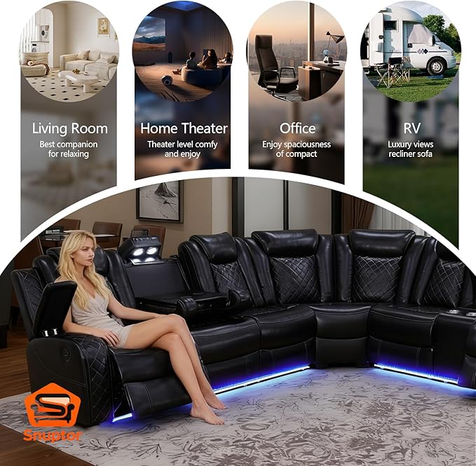 Power Leather Recliner Sectional Sofa with LED Light,L Shaped Reclining Couch with USB Charger/Cup Holder/Storage,Leather Sofa for Living Room Furniture Sets(Black,Sectional+1 Seat)