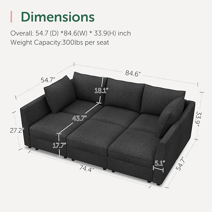 HONBAY Modular Sofa Sectional Sleeper Couch with Storage Modular Couch Convertible Couches for Living Room - Linen Grey