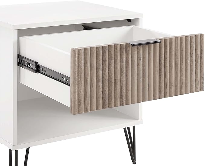 Manhattan Comfort Dumbo Modern Nightstand 1.0 with 1 Drawer and Metal Feet | Splayed Black Legs | Vertical Ribbed | No Tool Assembly Storage for Bedroom & Living Room, Set of 2, White and Rustic Grey
