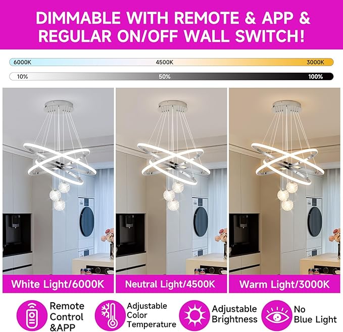 LED Modern 3 Ring Chandeliers for Dining Room, 24in Dimmable Kitchen Pendant Lamp, Silver Dining Room Light Fixtures Ceiling Hanging Over Table, Globe Round Chandeliers for Living Room, Chrome