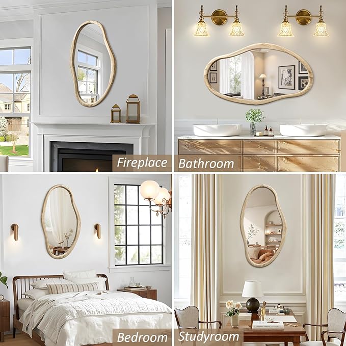 JJUUYOU Irregular Mirrors for Wall Asymmetrical Bathroom Mirror 30"x18" Wall Mounted Mirrors Horizontal or Vertical Hanging Wall Mirrors for Makeup Bathroom Bedroom Living Room Wood