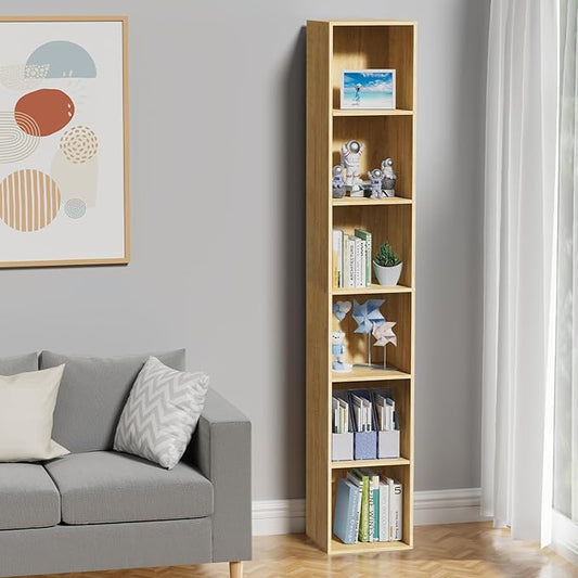 6 Tier Bookshelf, Open Tall Narrow Floor Standing Bookcase, Storage Organizer Bookshelves Freestanding Book Shelf for Living Room, Bedroom, Home Office (Oak, 6 Cube)