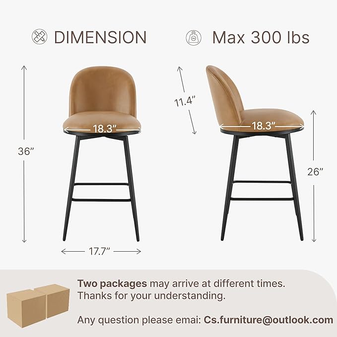 Swivel Bar Stools Set of 4, 26" H Upholstered Faux Leather Barstools with Backs,Counter Height Stools with Metal Legs for Kitchen Island,Brown,2 Box