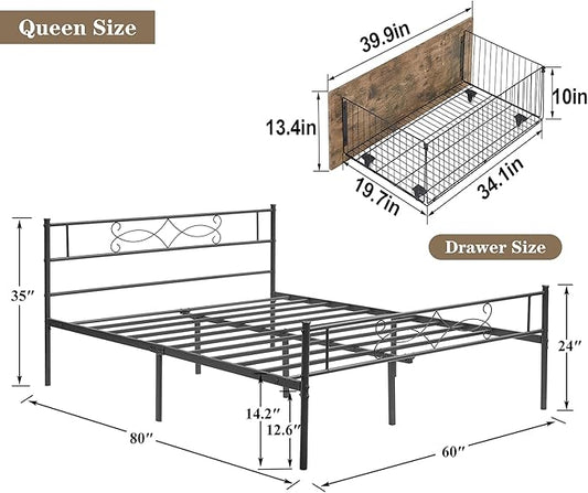 VECELO Queen Size Metal Platform Bed Frame with Headboard and 4 Storage Drawers/Steel Slat Support/No Box Spring Needed/Easy Assembly
