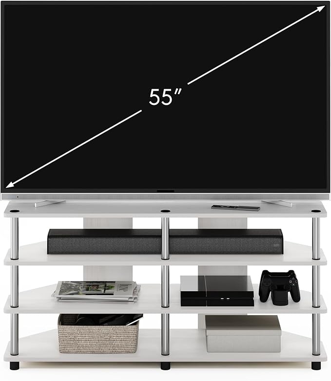 Furinno ECON TV Stand, 4-Tier Corner Entertainment Center, TV Console for TV up to 55 Inch, Easy Assembly, for Living Room, Bedroom, White Oak/Stainless Steel Tubes