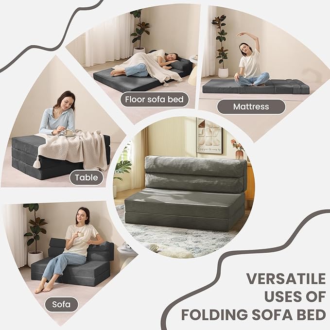 JUIKURY Folding Sofa Bed, Convertible Sleeper Chair with Pilow Foldable Matress, 2 in 1 Pull Out Loveseat Sofa Portable Fold Out Chair Bed Floor Couch Lounge for Living Room Bedroom (Grey, Full)