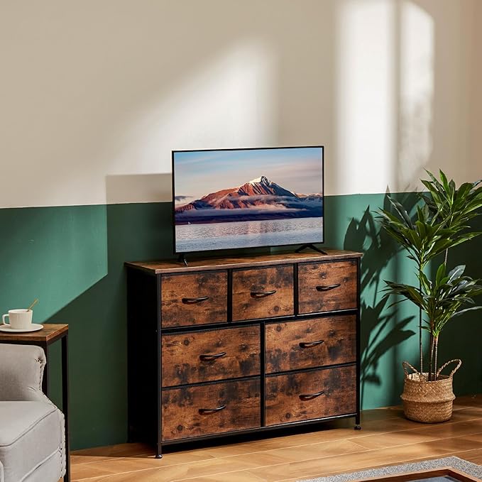 OLIXIS Dresser Nightstand for Bedroom, 7 Storage Drawers, Wide Fabric Closet Chests Organizer Tower Furniture, TV Stand with Wooden Top Frame for Clothes, Living Room, Hallway, Rust Brown