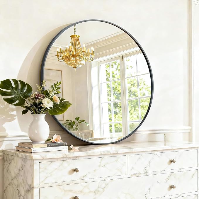 Simple Deluxe 28 Inch Round Bathroom Mirror, Black Vanity Mirror with Metal Frame, Modern Circle for Bathroom, Entryway, Bedroom, Living Room, Wall Mounted Decorative Mirrors (Black)