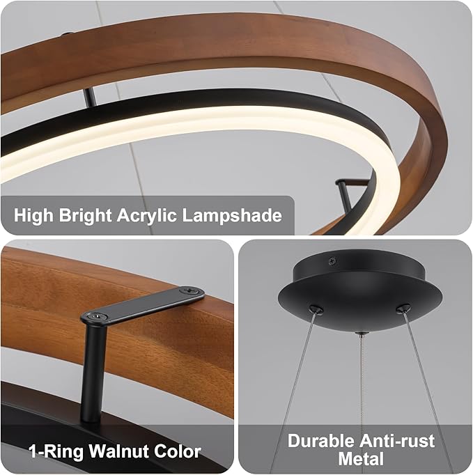 Modern LED Wooden Chandelier, 24" Dimmable 1-Ring Round Farmhouse Walnut Color Circular Dining Room Light Fixtures for Entryway Kitchen Foyer Living Room