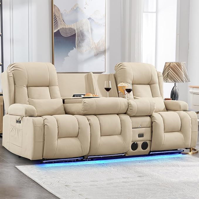 IPKIG Power Recliner Sofa with Flip-Up Backrest Console, USB & USB-C Ports, AC Outlet, LED Lights, Wall Hugger Recliners for Living Room, RV (Beige, 89" - 4 Seat) | Leathaire Fabric, Zero Gravity, Dual Reclining, 2 Lumabr Pillow, Bluetooth Speakers