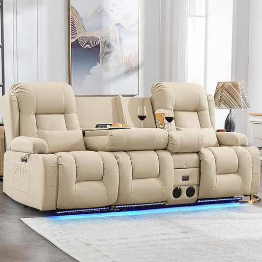IPKIG Power Recliner Sofa with Flip-Up Backrest Console, USB & USB-C Ports, AC Outlet, LED Lights, Wall Hugger Recliners for Living Room, RV (Beige, 89" - 4 Seat) | Leathaire Fabric, Zero Gravity, Dual Reclining, 2 Lumabr Pillow, Bluetooth Speakers