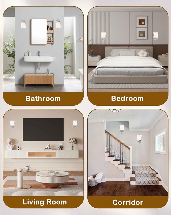 GRUENLICH Wall Sconces for Bathroom, Brushed Nickel Vanity Light Fixture Over Mirror, Set of 2 Hardwired Sconce with Frosted Glass Shades for Bedroom, Living Room, Modern Home Decor