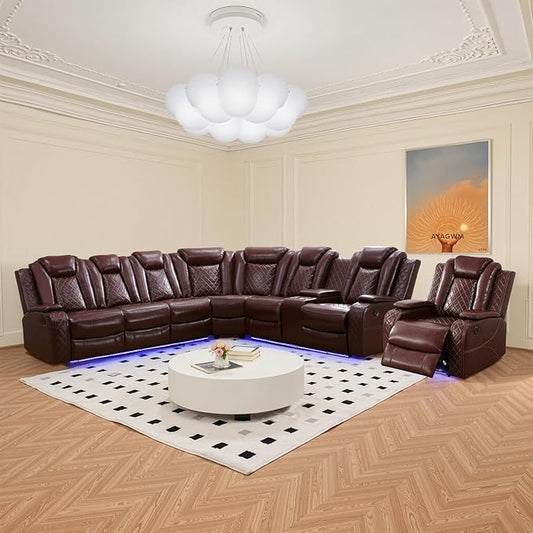 Power Reclinier Sectional Sofa Set,Brown Red Leather Reclining Sectional Modular Sofa with Chair,L Shaped Leather Couch with LED Light for Living Room/House/Apartment/Lounge(L+Chair)