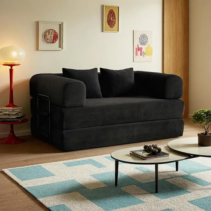 59in Convertible Sofa Bed, Corduroy Boneless Couch Bed, Futon Sleeper Sofa Pull Out Bed, Foldable Couch for Living Room Apartment, No Assembly Required