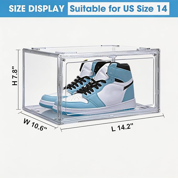 HIYOHIYO 8 Pack 360° Acrylic Clear Shoe Organizer for High-end Sports Shoes, All Clear Display Shoe Storage Box, Fully Transparent Display Case with Magnetic Door, Fit Size 14 (14.2"x10.6"x7.8")