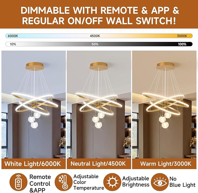 LED Modern 3 Ring Chandeliers for Dining Room, 24in Dimmable Kitchen Pendant Lamp, Gold Dining Room Light Fixtures Ceiling Hanging Over Table, Globe Round Chandeliers for Living Room Bedroom
