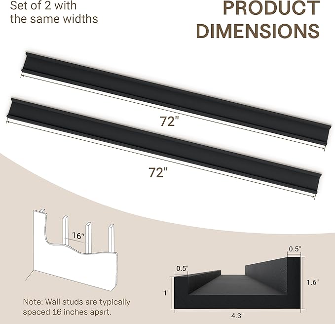 Fun Memories Long Wall Shelves Set of 2-72 Inch Floating Shelves for Wall - Picture Ledge Shelf with Lip for Storage - Wall - Mounted Shelves for Bedroom - Living Room - Kitchen - Black Color