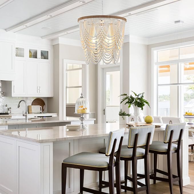 26” Boho Wood Beaded Chandelier Rustic Farmhouse Pendant Light 4-Lights Large Coastal Chandelier for Living Room Dining Room Foyer Entryway Bedroom, Oak White, E26, UL Listed