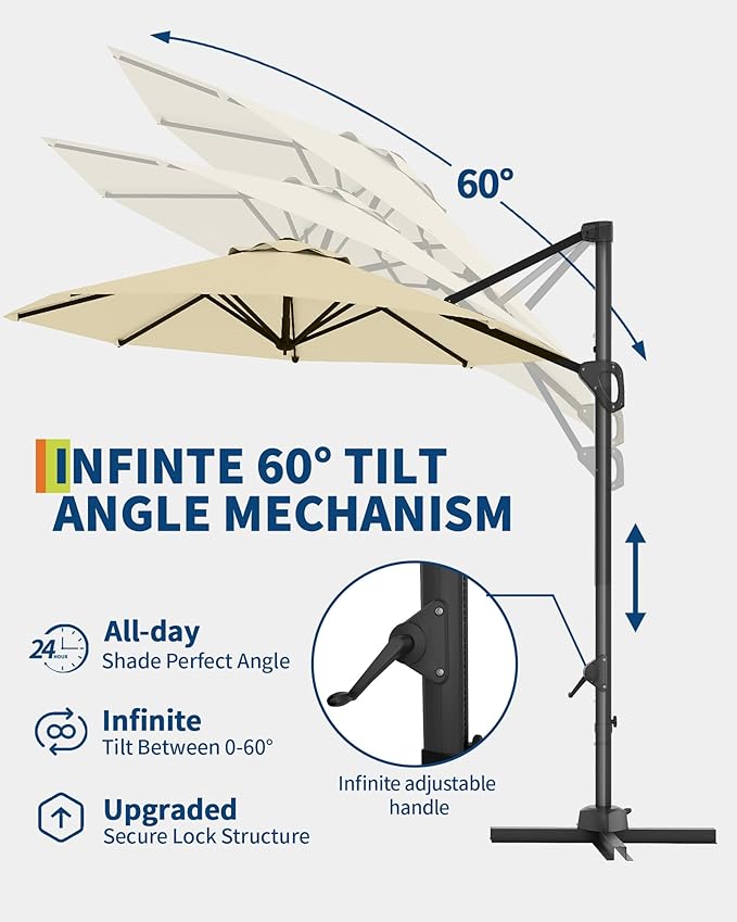 GarveeLife 10 ft Cantilever Umbrella Outdoor Patio Umbrella Market Offset Umbrella Sun Shade Windproof with 360-Degree Rotation for Patio Garden Deck Pool, Beige