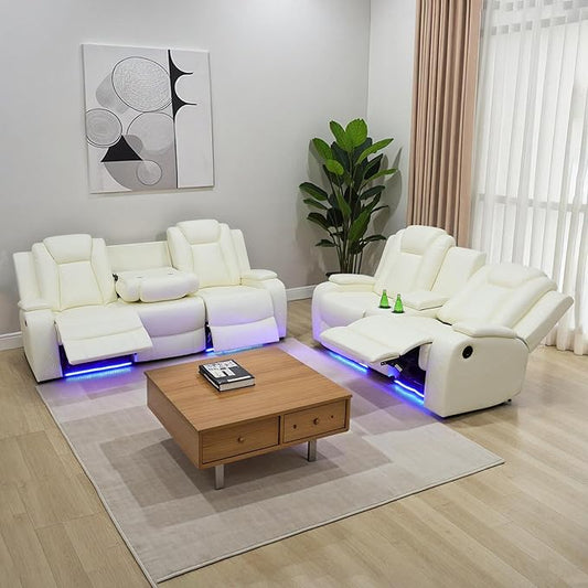Power Recliner Sofa Sets for Living Room, Leather Recliner Sofa Set with LED Light, Console Storage, Cup Holder for Home Theater Seating(Sofa and Loveseat,Cream)