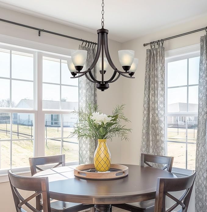 Kira Home Weston 24" Contemporary 5-Light Large Chandelier + Alabaster Glass Shades, Adjustable Chain, Oil Rubbed Bronze Finish