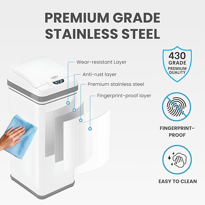 iTouchless 13 Gallon Motion Sensor Garbage Container with Odor Filter, 50L Touchless Stainless Steel Kitchen Bin, Smart Automatic Lid, Fingerprint-Proof, Pet-Safe Lock & Soft-Close, Brilliant White