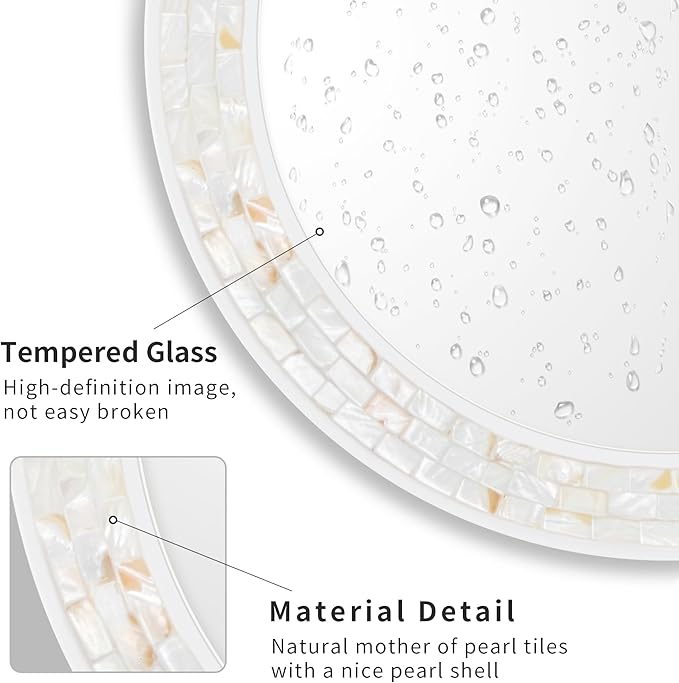 Tanmicoshomy 24 Inch Round Wall Mirror with Mother of Pearl Frame, White Circle Mirrors with Tempered Glass, Shatterproof for Bathroom, Bedroom or Entryway