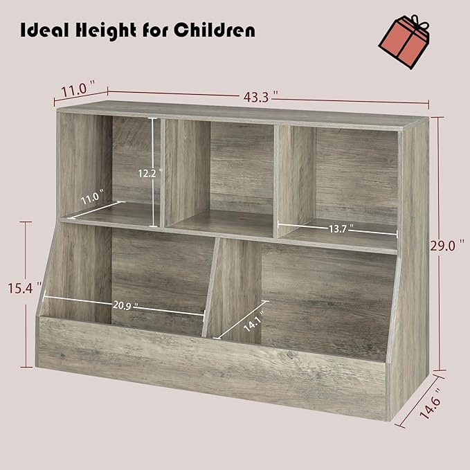 DINZI LVJ Toy Storage Organizer, Kids Bookshelf, Wood Toy Storage Cabinet, 5 Cubby Children Bookcase, 43.3" L Toddler Book Shelf for Playroom, Living Room, Nursery, Hallway, School, Gray Wash