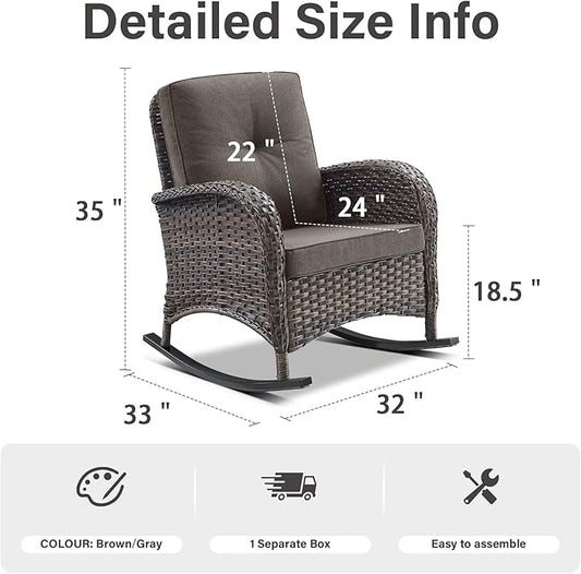 Belord Patio Rocking Chair Wicker Chair, 1 Piece Outdoor Rocking Chair Seating with Cushions for Porch Deck Balcony, Brown/Gray