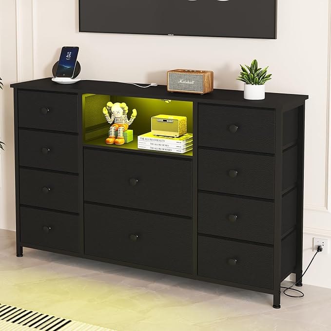 NONGSHIM Dresser with Charging Station and LED Lights, Long Dressers for Bedroom Dresser TV Stand with 10 Drawers, Fabric Chest of Drawers with PU Finish, Wide Dressers Storage Organizer, Black
