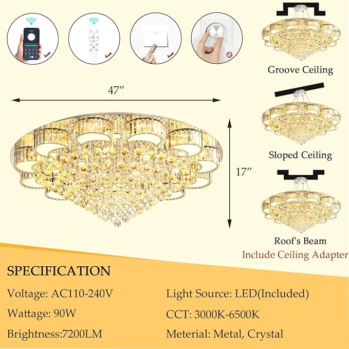 47'' Silver Modern Crystal Chandeliers for Dining Room LED Dimmable Light Fixtures Flush Mount Light Living Room Bedrooms