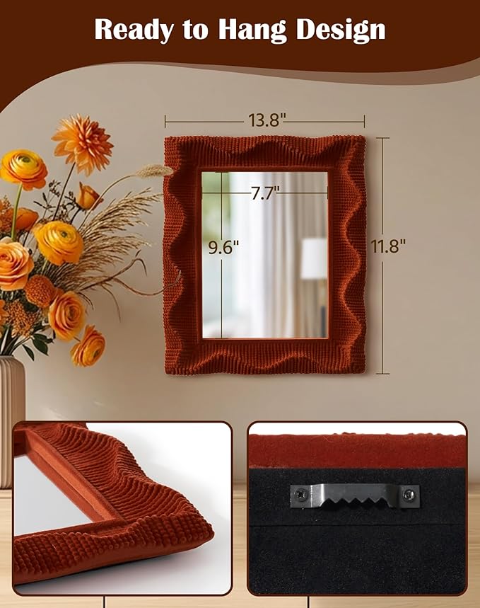 Unique Wall Mirror with Cozy Velvet-Like Touch for Bedroom Decor, 14x12 Funky Decorative Mirrors for Vintage Mid-Century Victorian Home Living Room Office Guest Room (Maroon)
