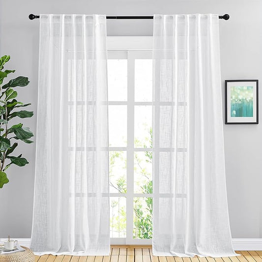 NICETOWN White Semi Sheer Curtains 102 inches Long for Living Room, Rod Pocket & Back Tab Faux Linen Window Treatments Privacy with Light Filtering for Kids Room, W42 x L102, 2 Panels