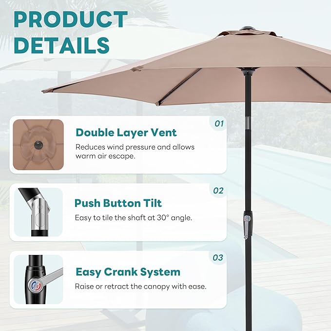 OLIXIS Patio Umbrella with Tilt and Crank Button & Sturdy Ribs Waterproof, Patio Table Umbrella Perfect for Poolside, Terrace, Beach and Outdoor Restaurant