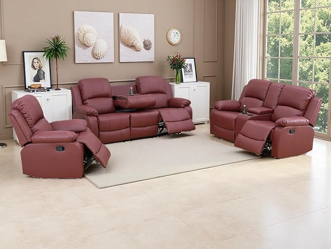 3PCS Leather Reclining Sofa Set Modern Recliner Couch Living Room Furniture Sets Manual Reclining Sofa Set with Cup Holders/Storage Console/Drop-Down Table for Home/Office (Red,3PCS)
