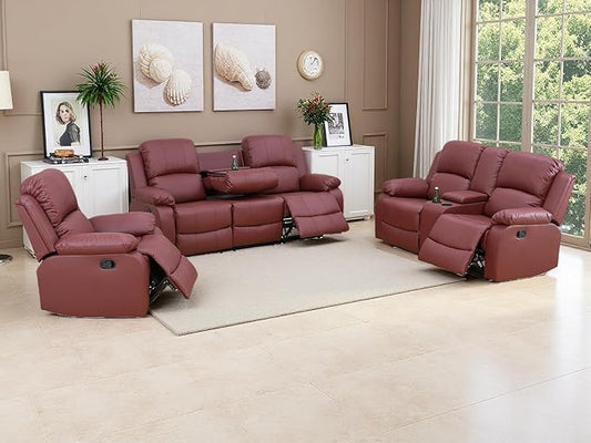 3PCS Leather Reclining Sofa Set Modern Recliner Couch Living Room Furniture Sets Manual Reclining Sofa Set with Cup Holders/Storage Console/Drop-Down Table for Home/Office (Red,3PCS)