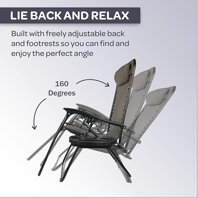 Lavish Home Zero Gravity Lounge Chairs- Set of 2- Gray Folding Anti-Gravity Recliners- Side Table, Cup Holder & Pillow-for Outdoor Lounging
