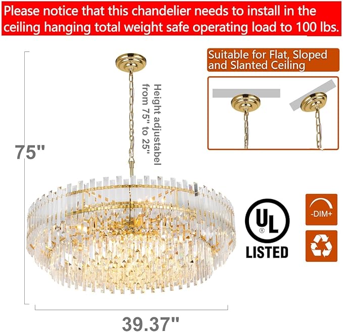 Gold Crystal Chandelier Modern Large Chandeliers Raindrop Lighting Pendant Lights Fixtures Ceiling for Living Room Dining Rooms Entryway Round Hanging D39.37''