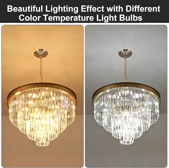 Modern Crystal Chandeliers Gold 24” Round Chandelier for Dining Room 12 Light Ceiling Pendant Light Fixture Raindrop Luxury Gold Flush Mount Chandelier for Entryway Living Room