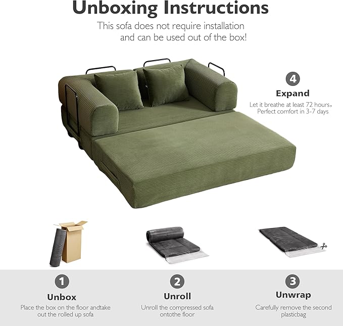 59in Convertible Sofa Bed, Corduroy Boneless Couch Bed, Futon Sleeper Sofa Pull Out Bed, Foldable Couch for Living Room Apartment, No Assembly Required