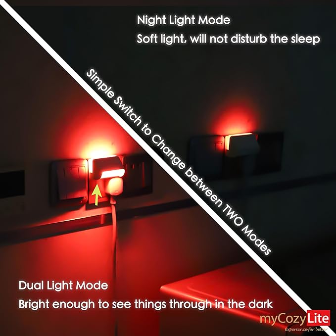 Red LED Night Light, Dusk to Dawn Sensor, Dual Lighting Mode, Guide Light, and Sleep Light, Switch ON OFF, Night Light Plug into Wall for Bedroom, Bathroom, Kitchen, Hallway, Stairway, 2 Pack