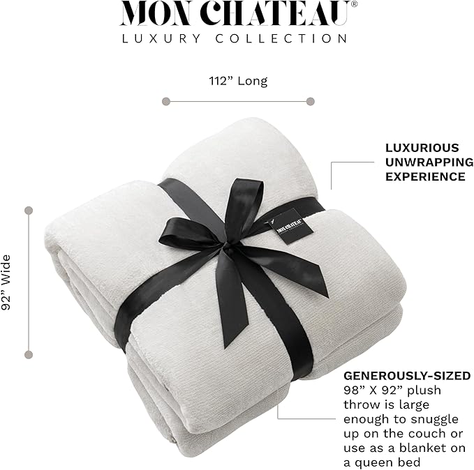 Mon Chateau 112" x 92" Haven Reversible Flannel Throw Blanket for Couch, Sofa, or King Size Bed, Luxury Over-Sized Ultra Soft Plush Melange Blanket for Sleeping or Home Decor, Silver Fog