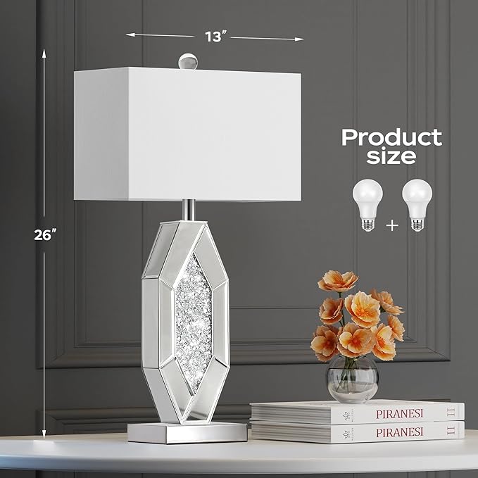 Hamucd 3-Way Dimmable Touch Diamond Crushed Mirrored Bedside Table Lamps Set of 2 for Living Room with USB A+C Ports,Tall Silver Modern Bling Nightstands Lamps for Bedroom with 2 Bulbs (Chrome)