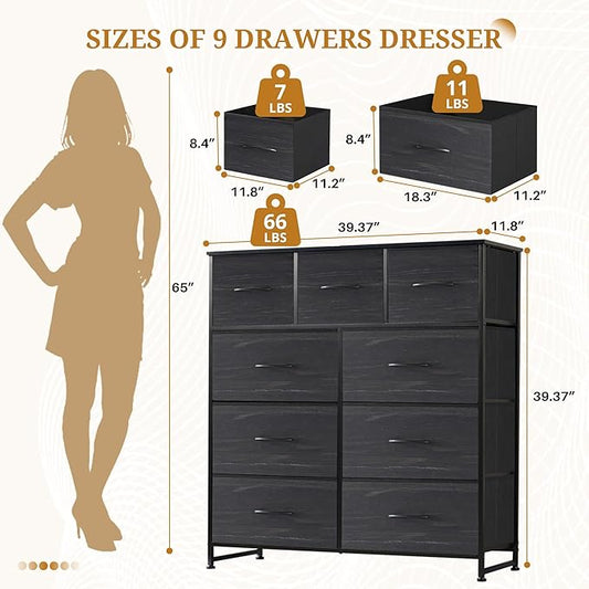 Dresser with 9 Drawers for Bedroom, Fabric Clothes Cabinet for Closet, Anti-Tip Storage Dresser with Metal Frame for Living Room, Entryway, Dorm, Charcoal Black