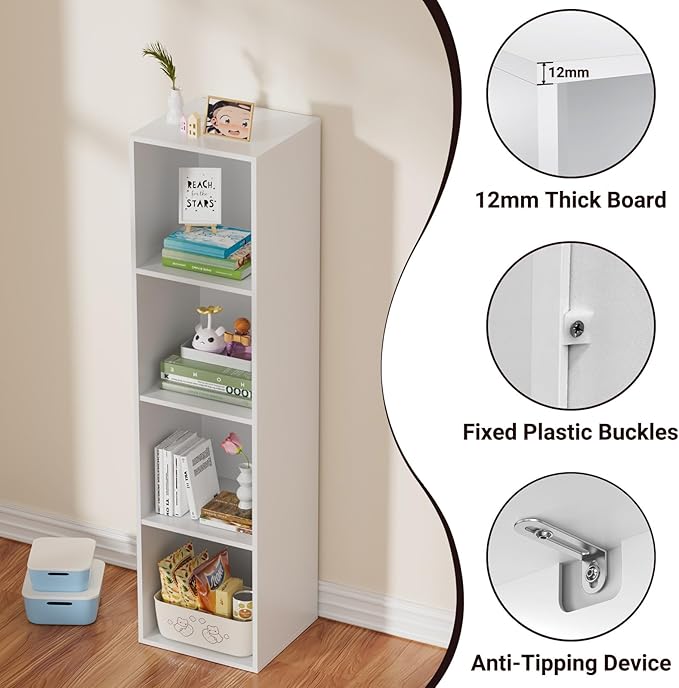 4 Tier Bookshelf, Freestanding Corner Storage Shelve Book Case for Narrow Space, 4 Cube Storage Organizer Small Bookcase for Home Office Living Room (White, 4 Cube)