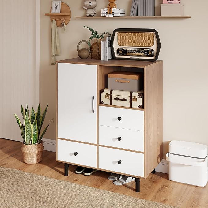 Giantex Storage Cabinet with 4 Drawers, Door and Open Compartment, 18" x 31.5" x 38.5" Inches, Metal Support Legs, Freestanding Side Cabinet, Buffet Sideboard for Living Room, Dining Room, Entryway