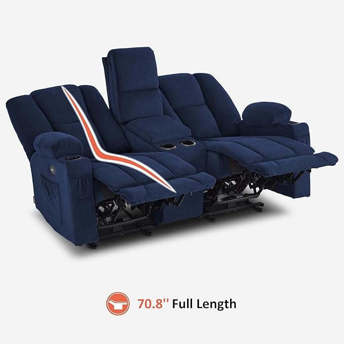 MCombo Zero Gravity Power Loveseat Sofa with Console, Heat and Massage, Reclining Loveseat for Living Room, Fabric 6035SET (Navy Blue, Loveseat with Console)