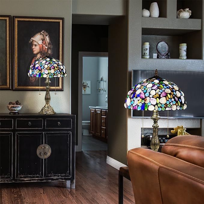 Tiffany Table Lamp,Stained Glass Lamp with Natural Shell,12" Vintage 2-Light Handmade Tiffany Style Lamp,Tiffany Bedside Light for Bedroom Living Room Office(2 LED Bulbs Included)