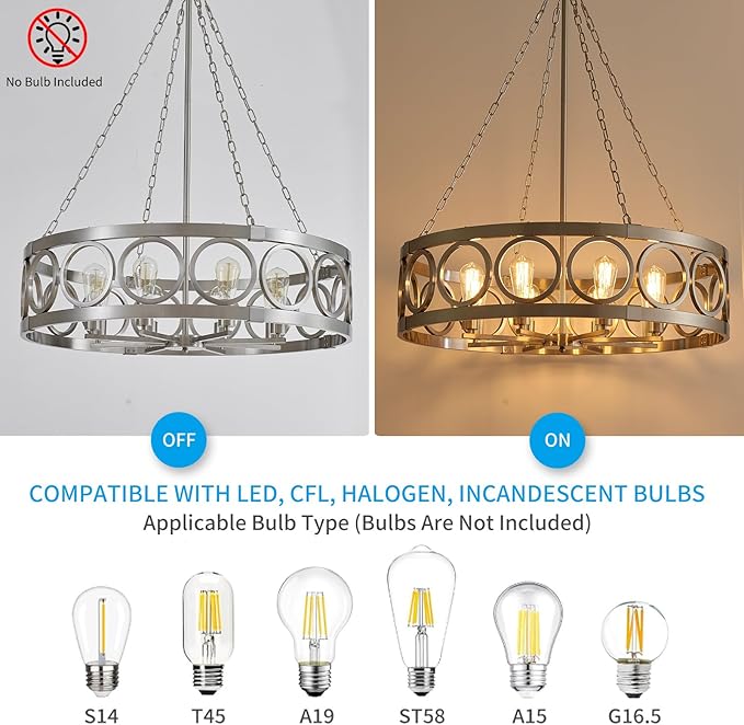 XINGQI 32.3" Large Drum Chandelier Modern Brushed Nickel 8-Light Rustic Farmhouse Round Pendant Lighting Fixture for Dining Room Living Room Office Kitchen Island