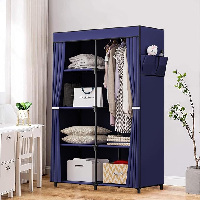 36 Inch Portable Wardrobe Closet Clothes Organizer with Metal Shelves and Dustproof Non-Woven Fabric (Blue)